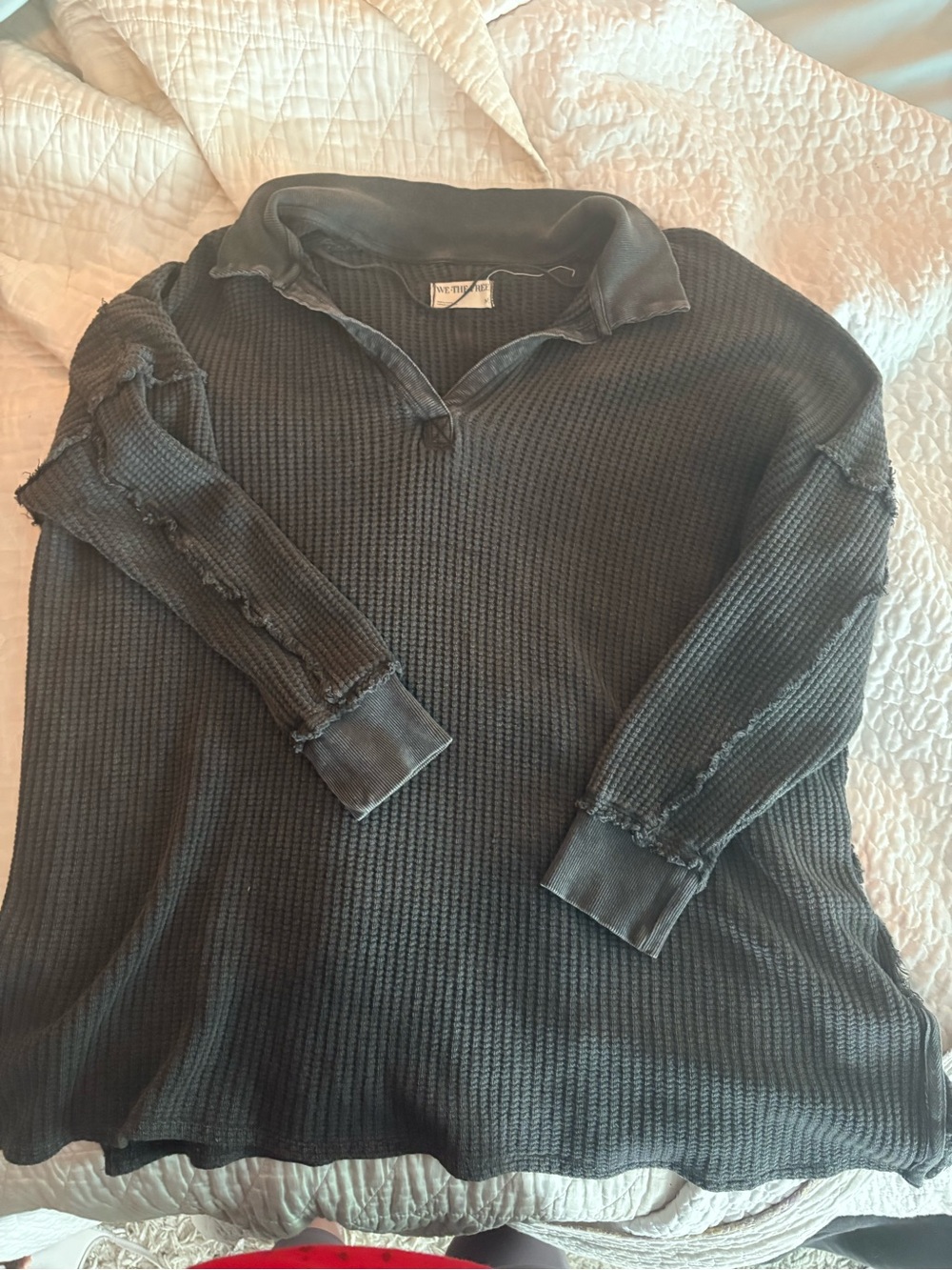 We the free washed Blue Waffle-Knit Collared Sweater